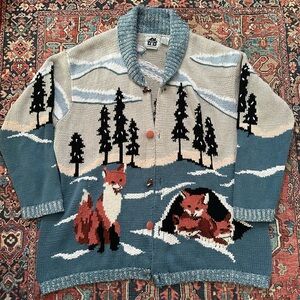 Vtg Storybook Knits Fox Family Winter Scene Cardigan Women’s XL